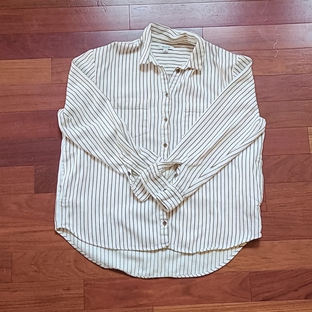 Madewell Sunday Shirt in Flannel Creeland Stripe (olive & cream) - L or XL